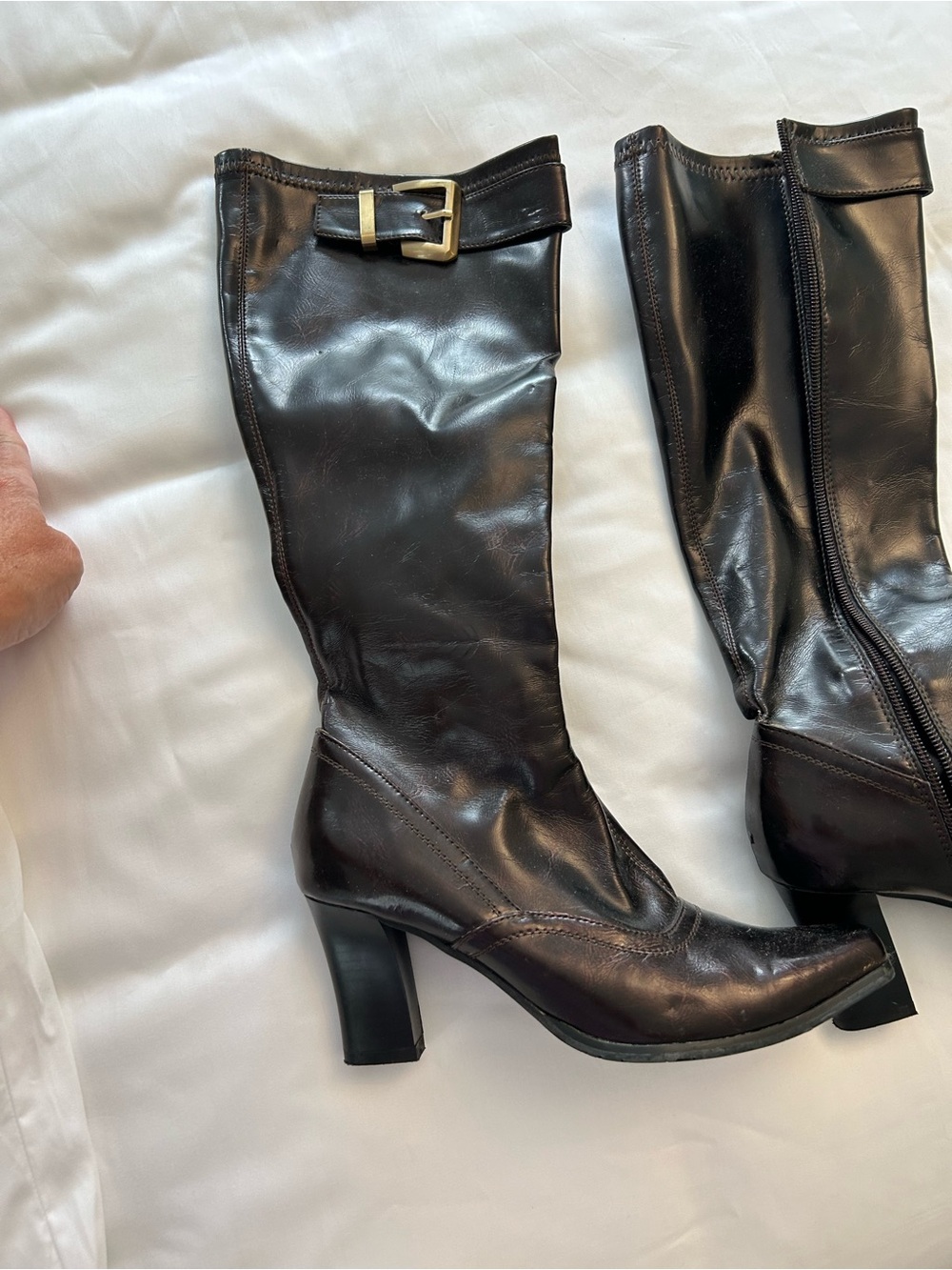 Burgundy Mid-Calf Heeled Boots with Buckle Accent